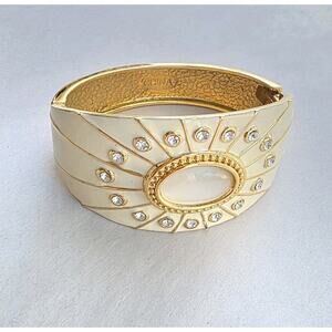 Real Collectibles by Adrienne Pearl Crystals Hinged Bangle Bracelet Gold Cream